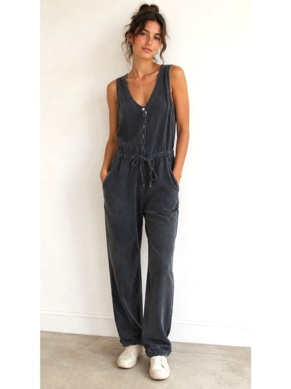 Love Tree One Piece Button Drawstring Jumpsuit